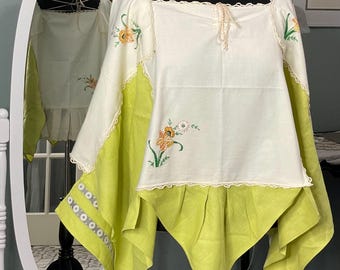 womens cotton linen blouse vintage embroidered daisy linens upcycled handmade top pullover cream lime green vintage eyelet lace ruffle
