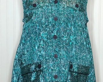 Womens Green pocket vest upcycled silky light button up sleeveless vest XL  dress vest