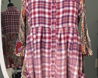 women’s upcycled purple plaid shirt tunic cotton flannel pleated shirt rodeo  bleach fade upcycled polyester crinkle flared sleeves