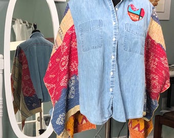 women’s light blue denim shirt kantha kimono sleeved red blue cream print kantha cotton plus size upcycle jacket lucy love heart appliqué