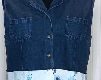 Womens XL denim duster vest up cycled butterfly white blue skirt gathered panels white back inset panel blue flowers butterfly on white