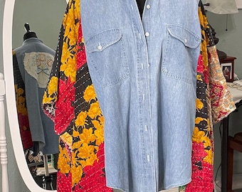 women’s blue denim shirt kantha kimono red black orange flower sleeved  plus size upcycle boho light jacket vintage embroidered tulips back
