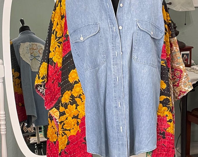 Featured listing image: Plus Size Denim Kantha Kimono: Upcycled Boho Tulip Jacket
