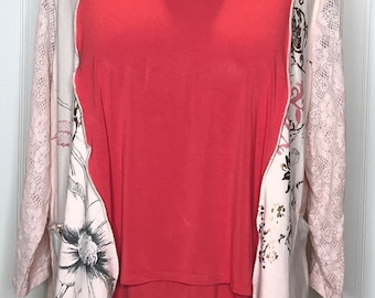 Womens tunic tee pop over orange pink tunic peach flowered flowing sides free size XL long sleeved upcycled plus size summer picnic tunic
