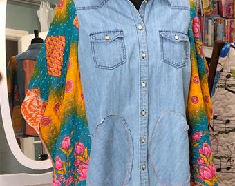Upcycled medium blue Denim Kantha Kimono Shirt: Plus Size Boho Jacket, green orange tulip print