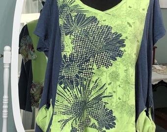 Womens lime green navy blue plus size tunic rhinestone graphic tee up-cycled tee pockets flowered ruffled hem flower butterfly print