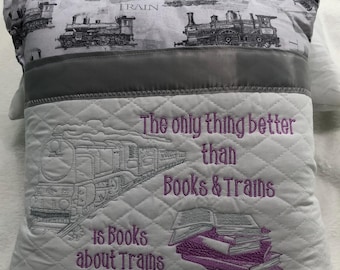 Childs book pocket pillow embroidered steam train arrows white black fleece back reading quote birthday Christmas gift silver satin trim