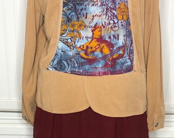 Womens duster jacket camel burgundy light Weight jacket upcycled coat Large back graphic tee inset blue gold burgundy trim