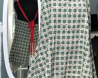 Womens Christmas apron holiday christmas tree stocking gift print apron green gingham check plus size apron red grosgrain ribbon cross strap