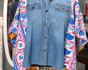 Upcycled medium blue Denim Kantha Kimono Shirt: Plus Size Boho Jacket, blue red print