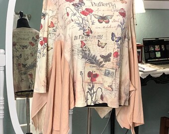 Womens upcycled tunic graphic butterfly tee free size plus size beige orange pink poppy paris postal print peachy pink open flow sleeves