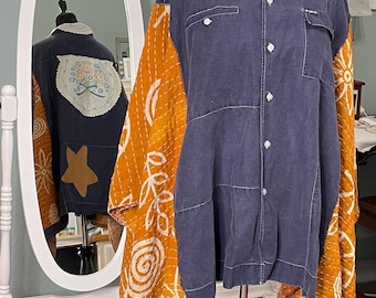 women’s dark blue denim shirt orange kantha kimono sleeved star appliqué plus size upcycle boho light jacket vintage embroidered tulips