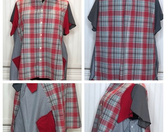 Women’s red grey plaid upcycled tunic shirt plus size petal sleeve button front cotton shirt pleated black gingham check side red ruffle hem