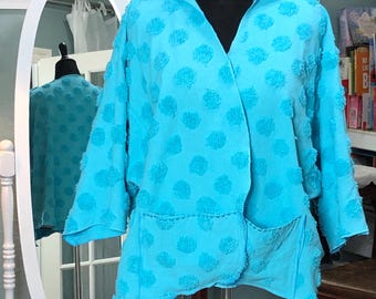Vintage chenille kimono crop jacket; aqua, upcycled handmade plus size