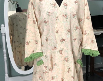 Womens Handmade cotton kimono jacket peach green flowered print cotton green vintage lace trim plus size robe Long Beach coverup