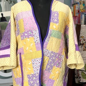 Upcycled Quilted kimono jacket: purple, yellow, pink, patchwork, Plus Size, pockets