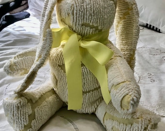 stuffed bunny rabbit yellow white vintage chenille bunny handmade Childs gift embroidered grosgrain ribbon tie Dina the Easter bunny
