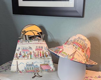 Women’s kiss lock metal frame purse & bucket hat SET: shoulder bag, cross body chain, bronze handle, blue denim, Paris print, handmade