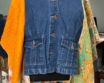 women’s dark blue denim jacket orange green cream kantha kimono sleeved elephant print plus size upcycled boho chic