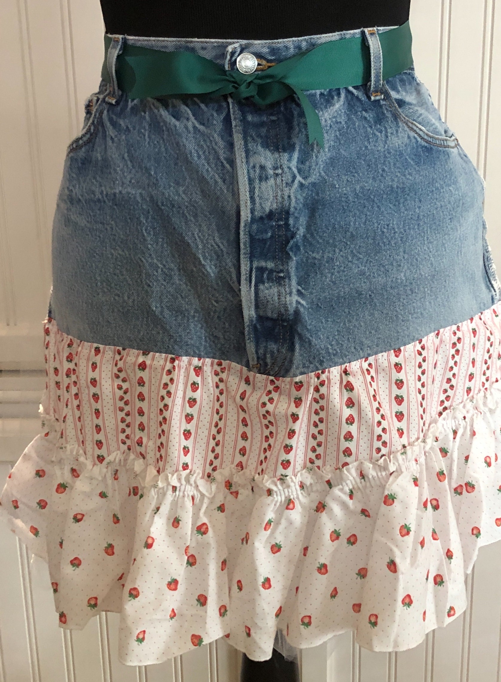 Denim half apron cotton pink red strawberry ruffle cotton long waist ...