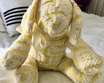stuffed puppy dog yellow white vintage chenille puppy handmade Childs gift yellow satin ribbon tie