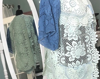 women’s upcycled vintage crochet lace jacket light blue kimono crochet sleeves large pockets handmade lace plus size one of a kind