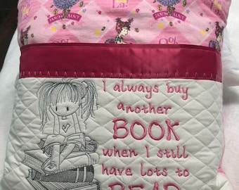 Pocket pillow embroidered child reading pillow embroidered pink Girls books zip close satin trim nancy girl print soft pink flannel
