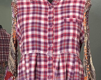 Upcycled Purple Plaid Flannel Tunic: Bleach Fade, Crinkle Flared Sleeves