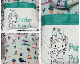 Pocket pillow girl reading pillow Gray kitten print Embroidery girl cat quote turquoise green satin trim soft no pill gray fleece