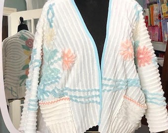 Womens Vintage chenille crop jacket white aqua peach flowered handmade plus size jacket kimono style