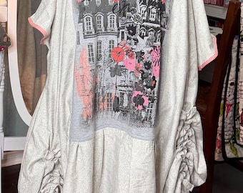 Upcycled Graphic Tee Tunic Dress – Light Gray Pink Rhinestone Trim Maxi Ruched Sides (3-4X)