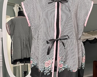 Womens black white striped flower print cotton jacket black satin tie front plus size handmade peplum top cap sleeve black lace ruffled