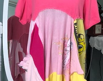 Womens tunic tee pink yellow sassy bird Assymetric hem upcycled plus size tee shirt pink royalty Pearl silver bling one of a kind top