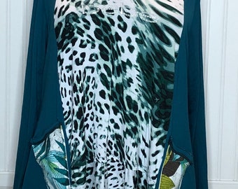 Women’s tunic dress Black Teal green animal print upcycled tunic dress hanky hem easy fit dress