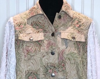 Women’s tan pink flowered jacket upcycled plus size jacket kimono sleeve pink flowered button front summer jacket vintage chenille sides