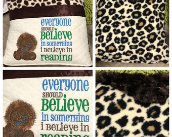 Pocket pillow gift for child lion reading  childs reading pillow animal print book believe quote zip close brown satin trim