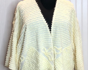 Womens Vintage chenille kimono crop jacket yellow flowers upcycled handmade plus size jacket