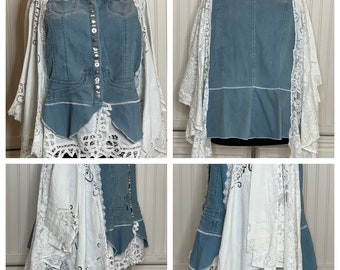 Womens upcycled denim lace jacket vintage lace light blue denim tape lace trim blue white silver beading open size kimono sleeves plus size