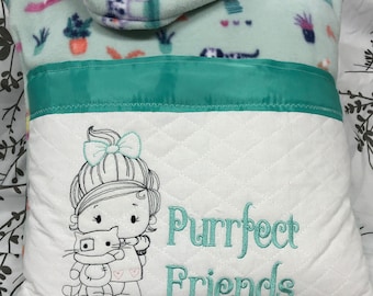 Pocket pillow girl reading pillow Gray kitten print Embroidery girl cat quote turquoise green satin trim soft no pill gray fleece