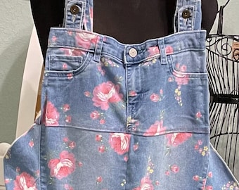 Womens  dungarees blue pink denim pink roses plus size upcycled jumpsuit overalls tall 1X adjustable ties pull on easy fit