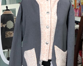 Womens sweet shirt jacket: upcycled plus size, button front, pink gray, vintage lace ruffle, Love applique