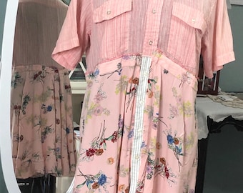womens peach orange tunic shirt upcycled seersucker short sleeve tunic dress flowered ruffled skirt plus size summer dress button front