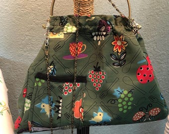 Women’s kiss lock metal frame purse: shoulder bag, chain, bronze handle, roosters, flowers, fruit, tea, tea pot cotton fabric, handmade