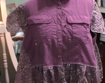 Upcycled purple babydoll blouse: pleated hem, ruffled collar, summer button up