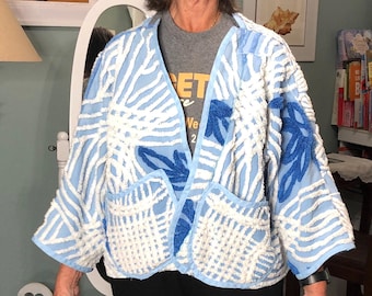 Vintage chenille kimono crop jacket; white, light blue, upcycled handmade plus size
