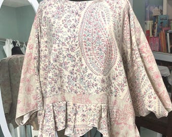 Womens upcycled batwing cocoon top one size short cotton top plus size beige pink ruffled top light cotton pop over shirt