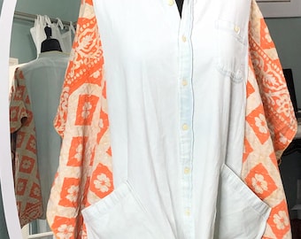 women’s light denim blue cotton shirt kantha kimono quarter sleeved beige orange flowered cotton plus size upcycle boho  jacket long kimono