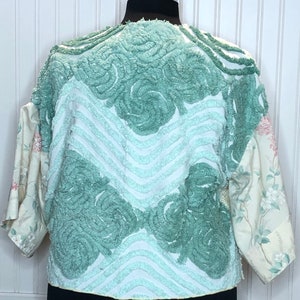 Womens Vintage chenille kimono crop jacket Green peach yellow aqua flowers bow on white peach satin trim upcycled handmade plus size jacket