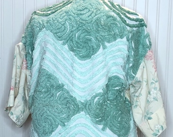 Womens Vintage chenille kimono crop jacket Green peach yellow aqua flowers bow on white peach satin trim upcycled handmade plus size jacket