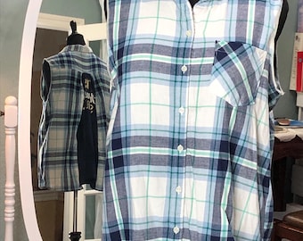 Upcycled Blue plaid flannel sleeveless shirt: holiday wear, navy tee back, season to sparkle,